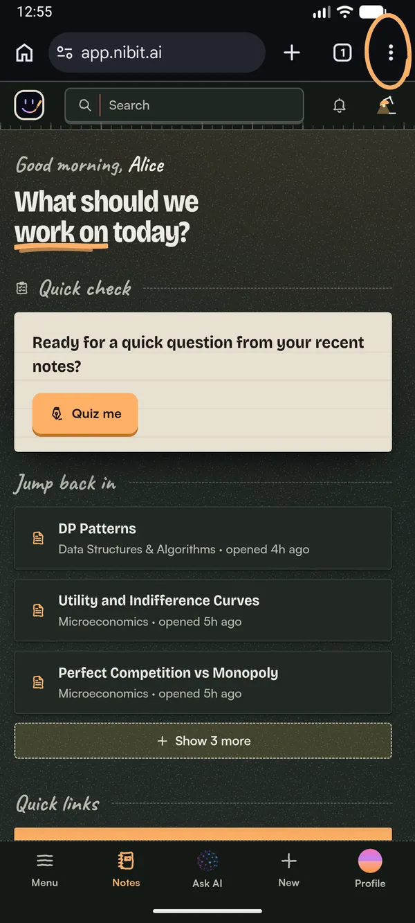 Chrome showing app.nibit.ai, with the three-dot menu circled.