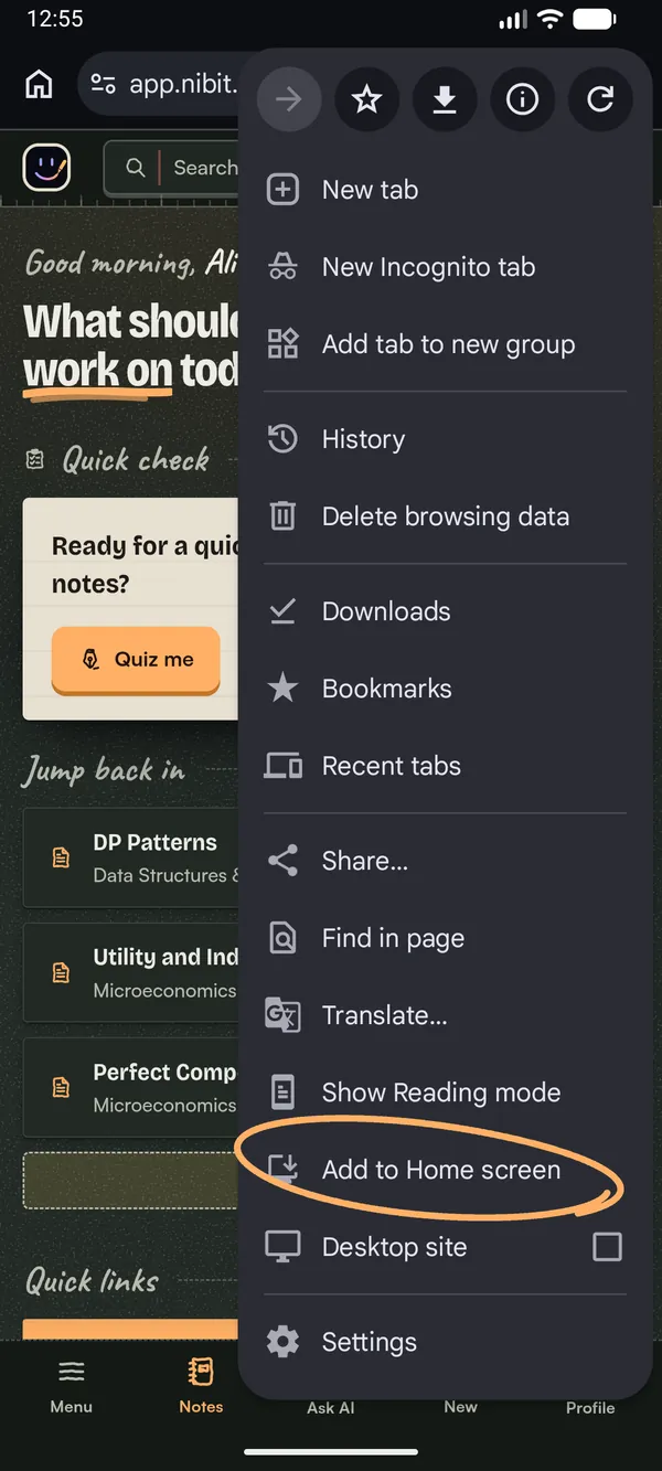 Chrome's menu open, with Add to Home screen circled.
