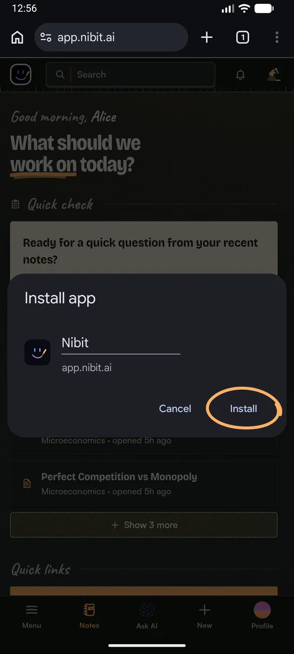 The Install app dialog, with the Install button circled.