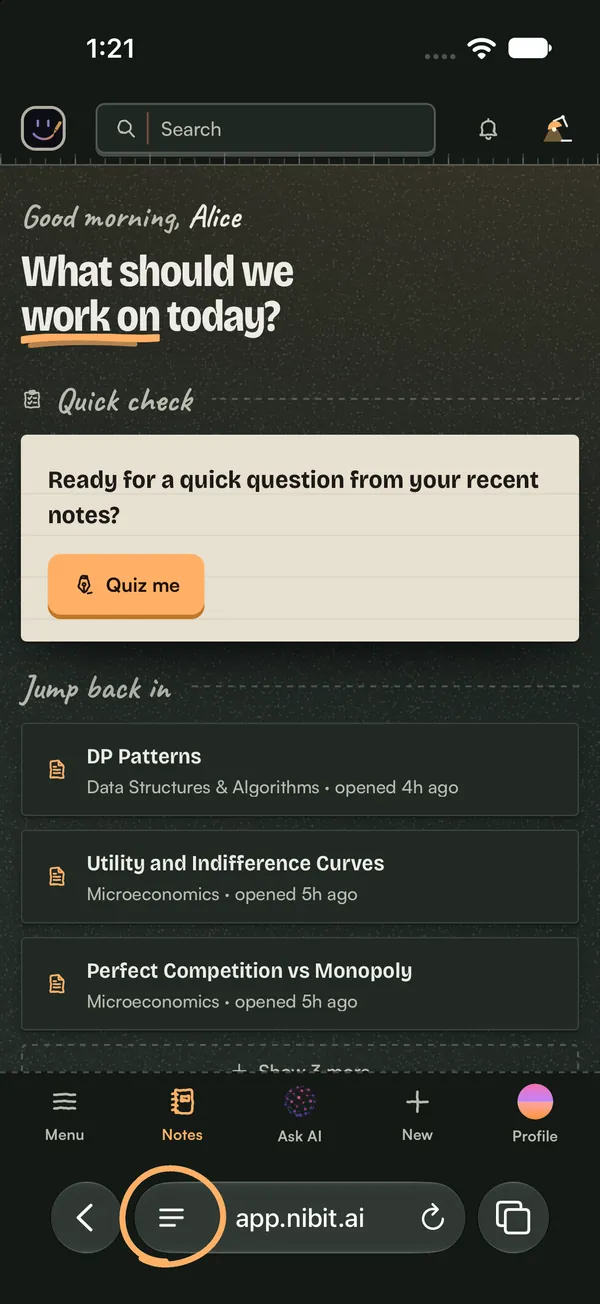 Safari showing app.nibit.ai, with the page menu button circled.