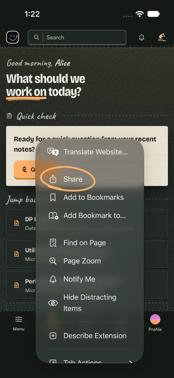 The page menu open, with Share circled.