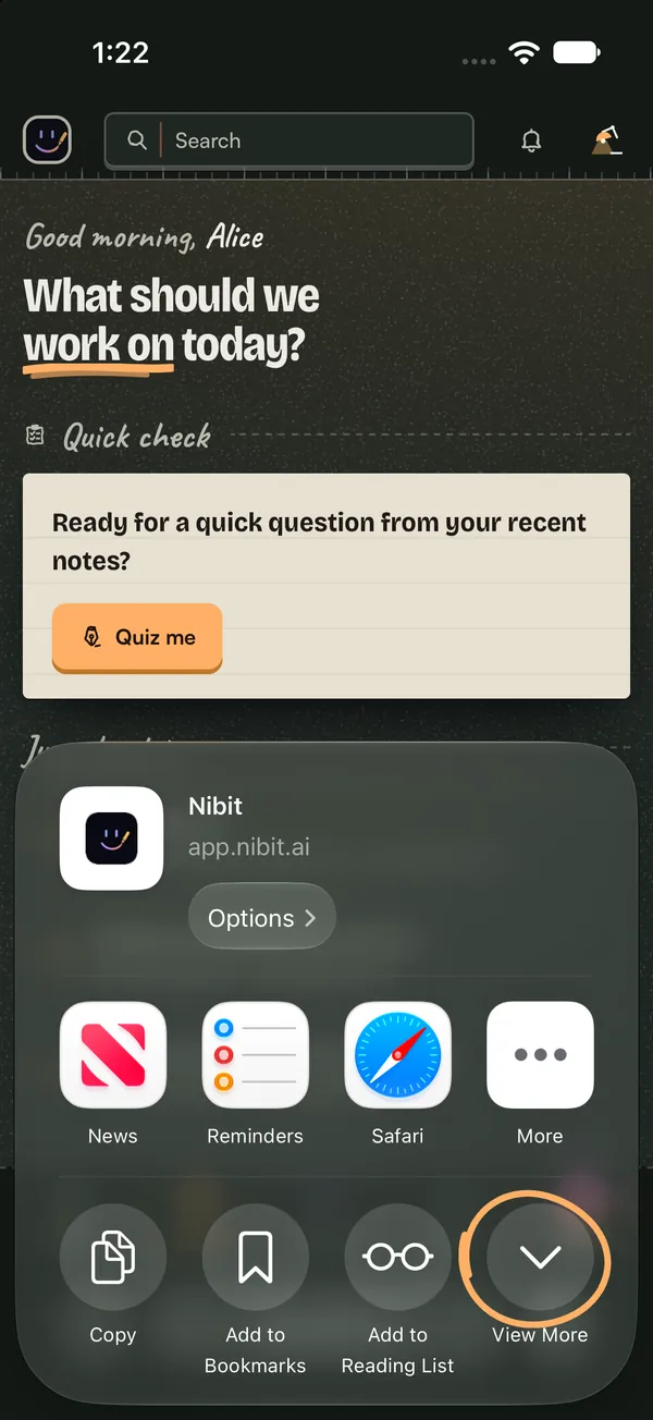 The share sheet, with the View More button circled.