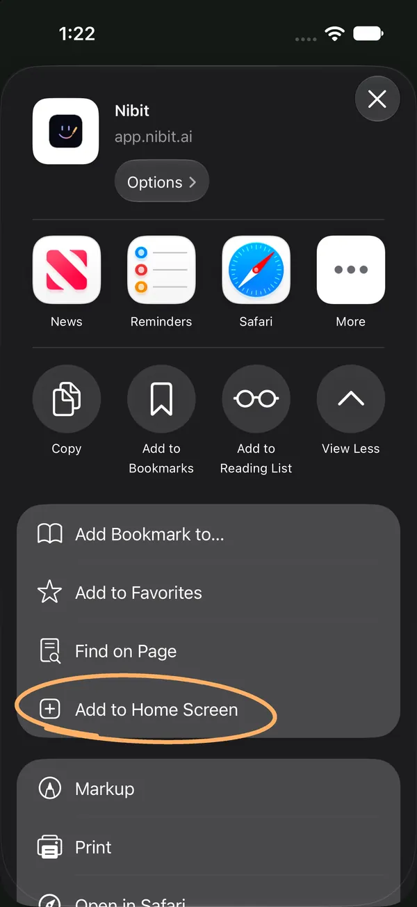 The full share list, with Add to Home Screen circled.