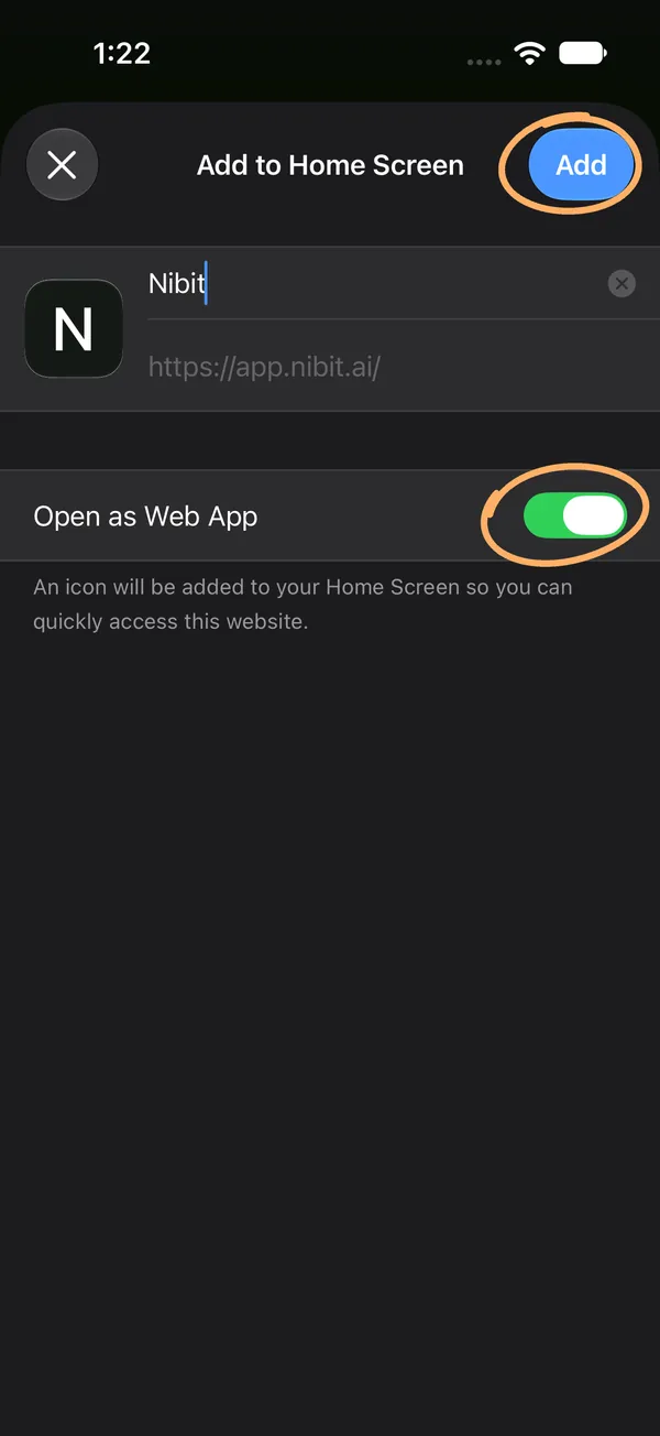 The Add to Home Screen sheet, with the Open as Web App switch and the Add button circled.