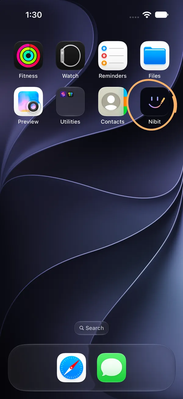 An iPhone home screen, with the Nibit icon circled.