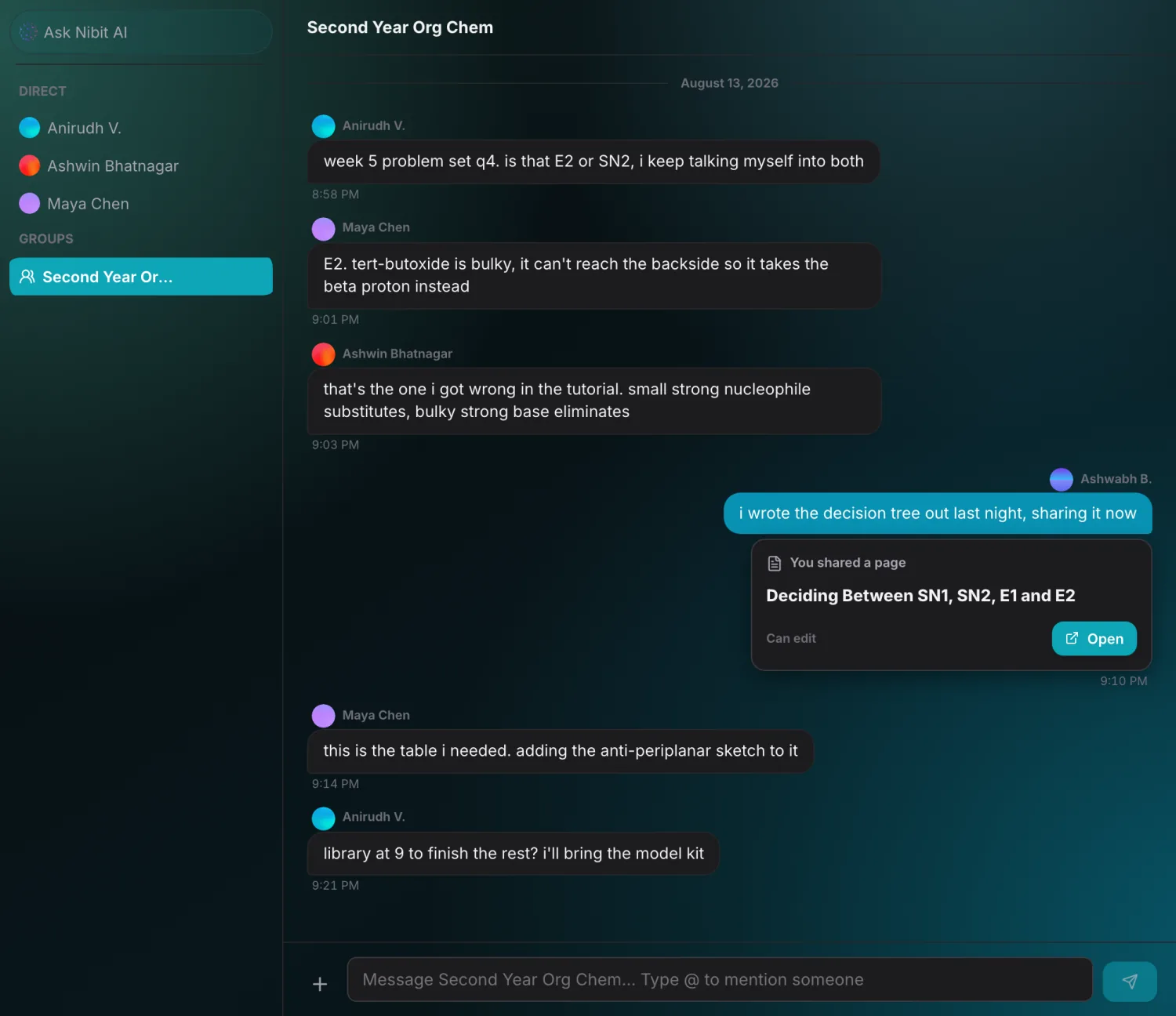 A study group's conversation: four people working out whether a reaction goes E2 or SN2, with a page of notes shared into the thread as a card offering to open it.