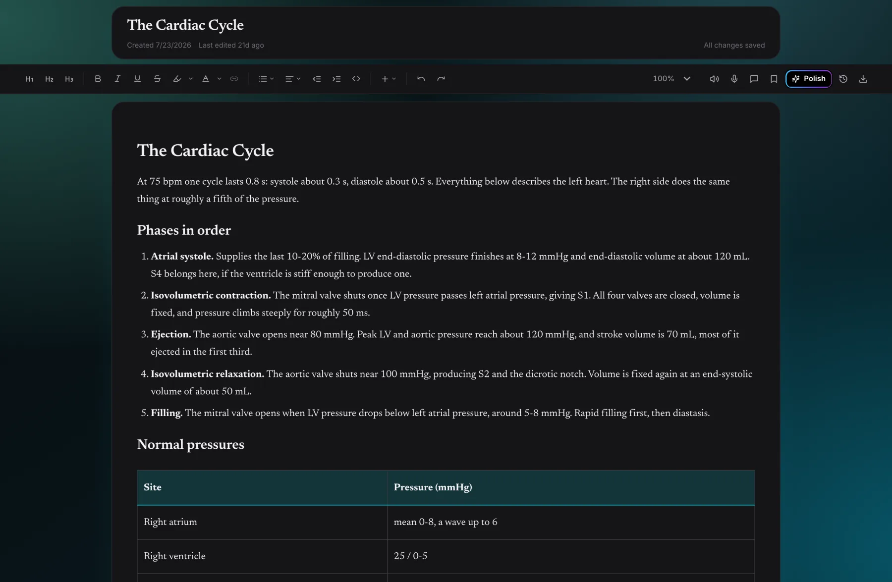 A page on the cardiac cycle open in the Nibit editor, with a numbered breakdown of each phase and a table of normal pressures.